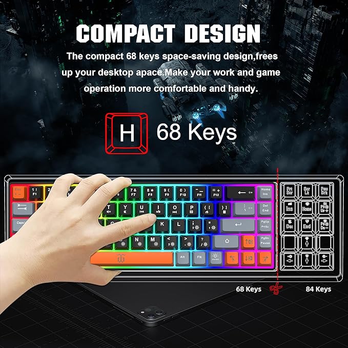 Snpurdiri 60% Percent Gaming Keyboard Compact RGB Backlit Small Gaming Keyboard for Windows PC Laptop (68 Keys Black-Grey-Orange)