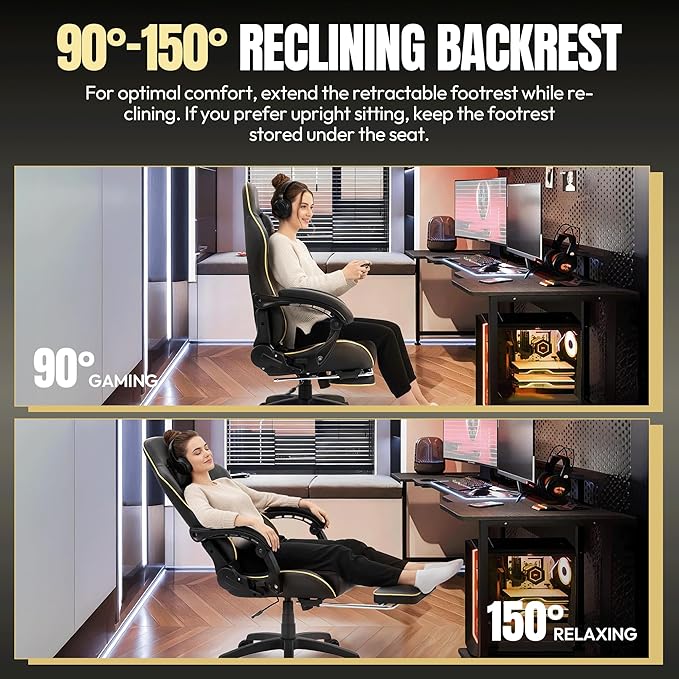 Dowinx Gaming Chair Big and Tall 350LBS Heavy Duty PC Gaming Chair with Massage &amp Footrest Ergonomic Reclining Gamer Chair with Embroidered Esports Design Black
