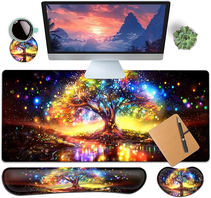 Large Gaming Mouse Pad+ Keyboard Wrist Rest Set Ergonomics Memory Foam Mouse Mat Wrist Rest Support for Home Office Waterproof Extended Mousepad 31.5x11.8in Colorful Tree of Life Desk Pad