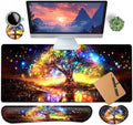 Large Gaming Mouse Pad+ Keyboard Wrist Rest Set Ergonomics Memory Foam Mouse Mat Wrist Rest Support for Home Office Waterproof Extended Mousepad 31.5x11.8in Colorful Tree of Life Desk Pad