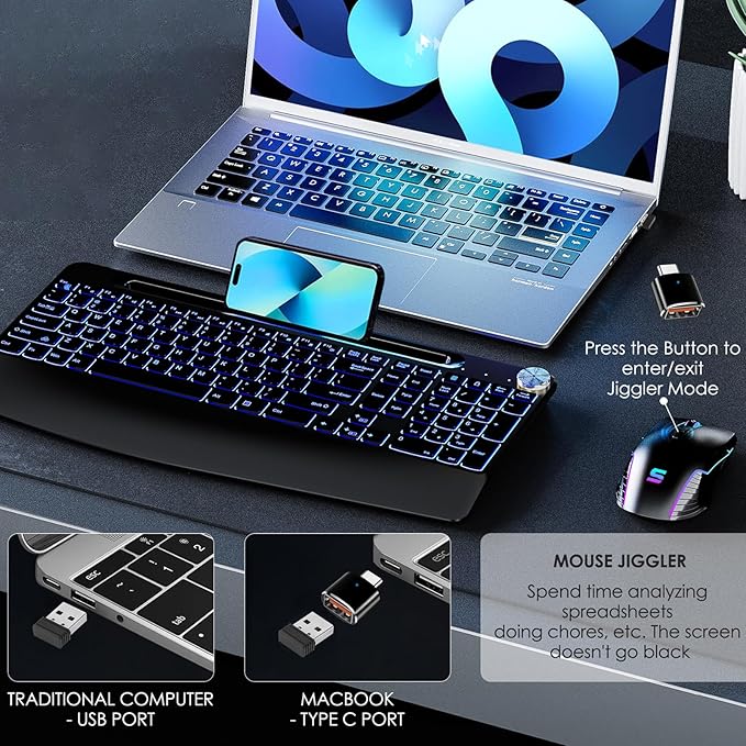 Wireless USB C Mouse with Jiggler for Computer Mac Laptop LED Wireless Rechargeable Mouse for MacBook Air Pro/iMac Desktop with Type C Adapter Ergonomic 5 Adjustable 3200 DPI 7-Color LED
