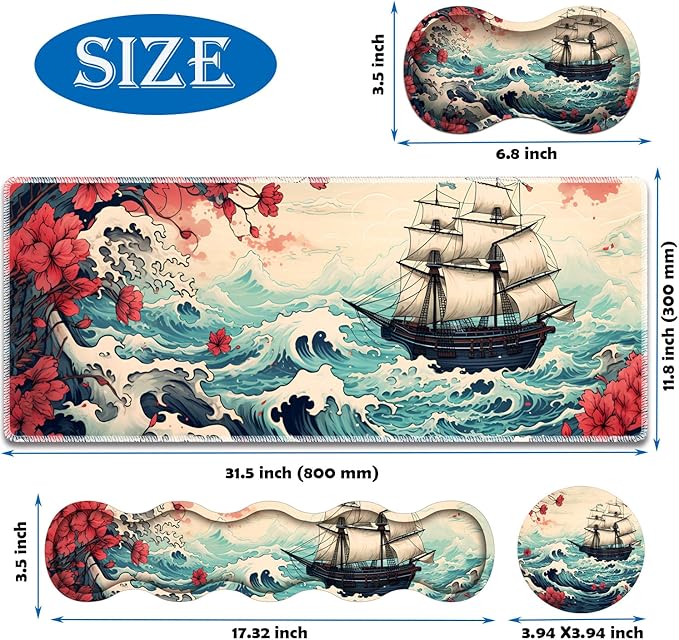 Mouse Pad Combo Large Gaming Mouse Pad + Keyboard Wrist Support + Mouse Wrist Rest + Coaster Table Pad 31.5 x 11.8 with Memory Foam Ergonomic Wrist Pad Set Pirate Ship Landscape Pattern