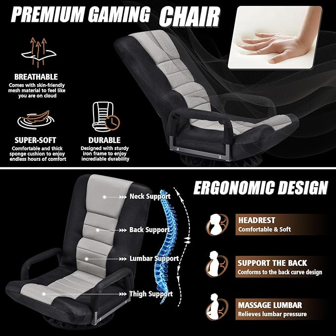 Swivel Gaming Chair Multipurpose Floor Gaming Chair for Playing Video Games TV Reading w/Armrest Lumbar Support &amp 6 Adjustable Postion Backrest for AdultsGrey