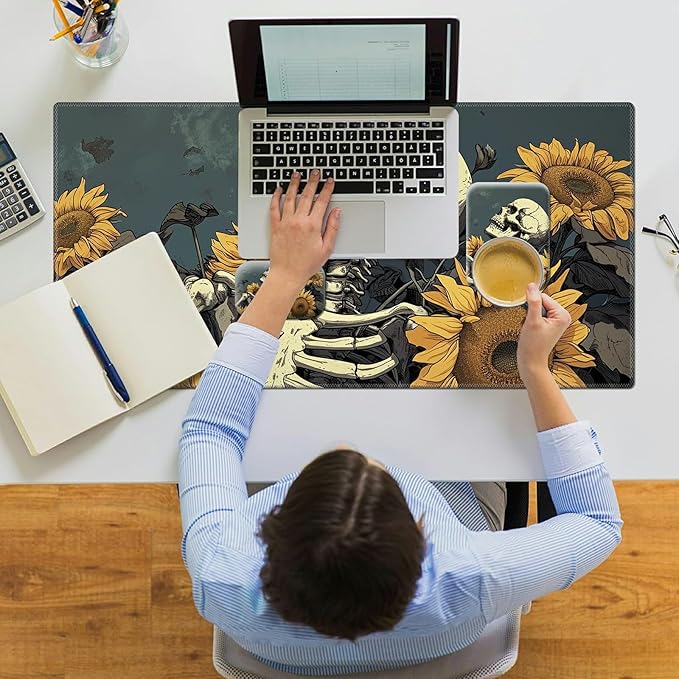 Ergonomic Desk Pad Mat &amp Keyboard Wrist Rest Set 3-in-1 Office Mouse Pad with Memory Foam Support Non-Slip Computer Blotter for Home Gaming &amp Writing 23.6 x 11.8 Sunflower Skull