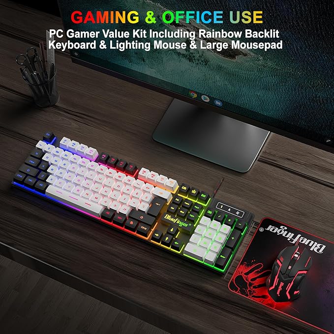 BlueFinger RGB Gaming Keyboard and Backlit Mouse Combo USB Wired LED Gaming Set for Laptop PC Computer Game and Work (Black &amp White)