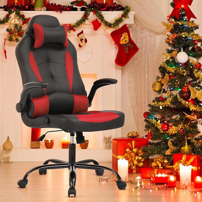 Red Gaming Chair Ergonomic High Back Executive Office Chair with Flip-Up Arms Adjustable Height PU Leather 300 lbs Weight Capacity