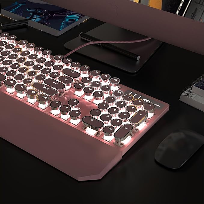 MageGee Typewriter Mechanical Gaming Keyboard Retro Punk Pink Round Keycaps 104 Keys LED White Backlit Wired Keyboards for Laptop MAC PC Gamer with Magnetic Wrist Rest Blue Switch