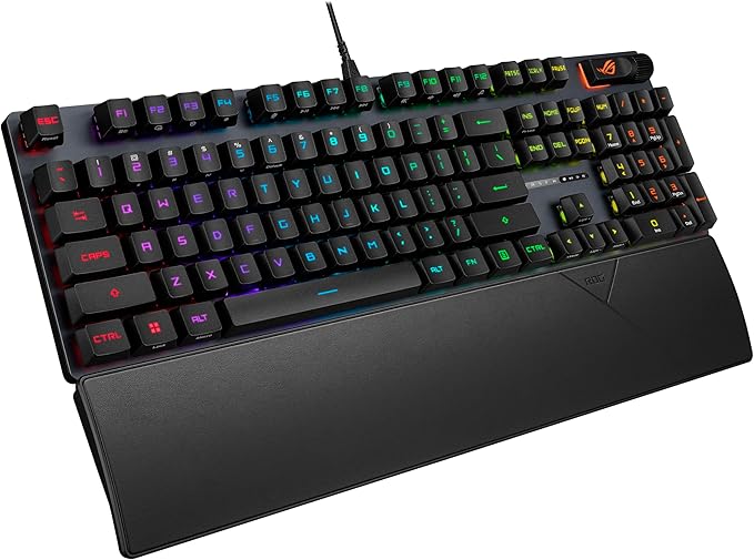 ASUS ROG Strix Scope II Gaming Keyboard pre-lubed ROG RX Red Linear Optical switches Sound-dampening Foam PBT doubleshot keycaps Streaming hotkeys Multi-Function Controls Wrist Rest