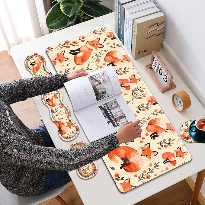 Large XXL Gaming Desk Mat 31.5x 11.8 Ergonomic Keyboard Wrist Rest &amp Mouse Pad Wrist Rest + Coaster Set Non-Slip Base Memory Foam Office and Home Little Fox
