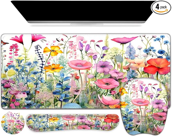 Large Mouse Pad with Wrist Support 4in1 Set XXL Game Mousepad +Keyboard Wrist Rest+Mouse Wrist Rest+Coaster Ergonomic Design Gaming Mat for Home Office Table Computer I Gorgeous Rose Plants