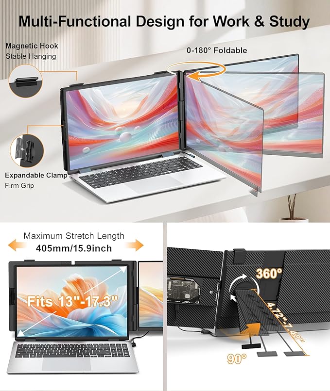 15.6 Laptop Screen Extender Ultra-Slim FHD 1080P Portable Monitor Detachable Dual Monitor Travel &amp Remote Work Plug and Play for 13-17.3 Laptops for Windows/Mac/Android/Chrome
