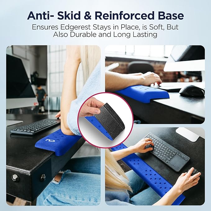 EdgeRest PostureUp L-Shaped Desk Long Wrist Rest Elbow Forearm &amp Wrist Comfort Support for Table or Desk Edge Non-Slip Memory Foam Padding Ergonomic Design for Work Universal Fit Blue