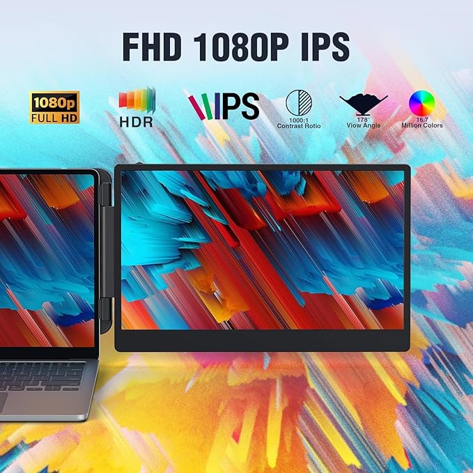 14'' 1080P Portable Dual Monitor Extender for Laptops - USB C and HDMI Plug-Play for Dual Display on Mac and Windows Fits 13''-17.3'' Laptops