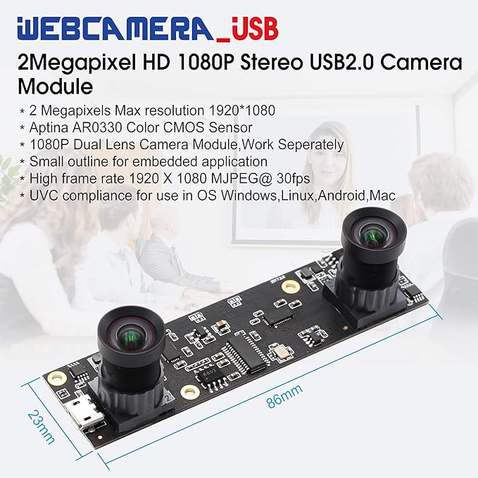 Dual Lens USB Camera Module 1080p 3D Stereo VR HD Binocular Lightburn Camera 2mp Dual Lens Video Webcam ModuleWeb Camera Board Module M9 90 Degree Lens Web Cam for Raspberry PiWindowsMac