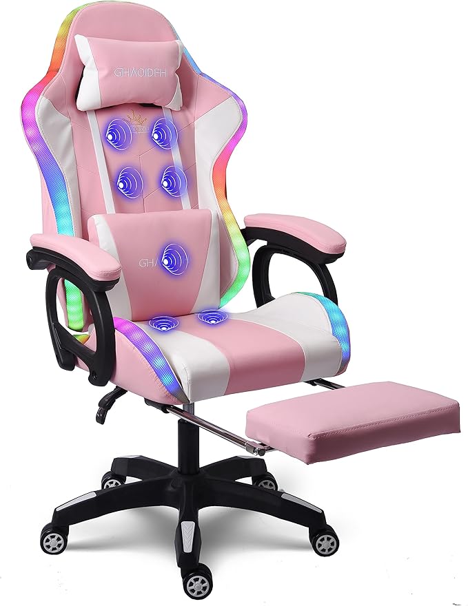 TBQATNTS Video Gaming Chair with Speaker and RBG Light Ergonomic Computer Chair with Massage Function Comfortable Computer Recliner with Footrest and Lumbar SupportGaming Chair for Adults Kids.Pin
