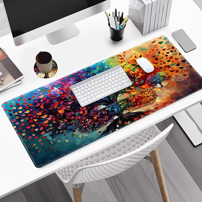 Large Gaming Mouse Pad Set 4 in 1 Ergonomics Keyboard Desk Mat with Memory Foam Wrist Rest Computer Extended Game Mousepad Non-Slip Desk Matt Easy Typing Pain Relief I Colorful Tree Leave