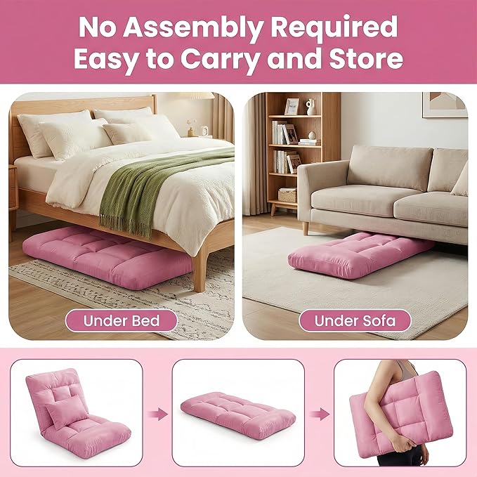 Folding Floor Chair with Back Support 5 Adjustable Position Padded Sleeper Bed Couch Recliner Gaming Floor Chairs for Adults Meditation Living Room