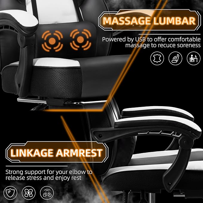 Shintenchi Gaming ChairVideo Game Chair with footrest and Massage Lumbar SupportHeight Adjustable Game Chair with 360°Swivel Seat Ergonomic Computer Chair with Headrest for Office or Gaming(White)