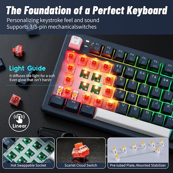Hexgears Wireless Mechanical Keyboard with Wrist RestTri-Mode BT5.0/2.4GHz/USB-C Hot Swappable Custom KeyboardPre-lubed Linear SwitchesRGB Backlit Computer Gaming Keyboards for PC/Tablet/PS/Xbox