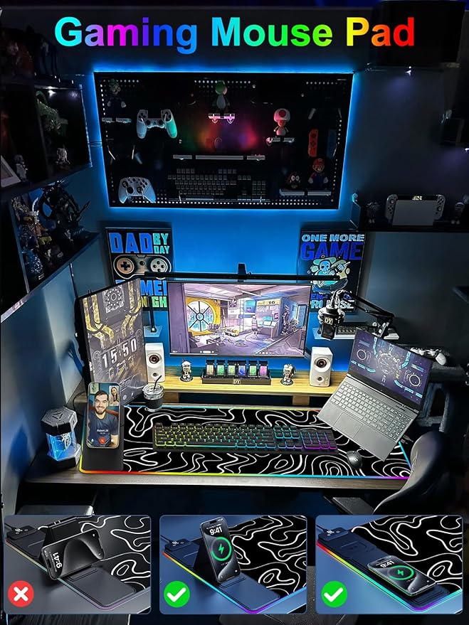 XXL Mouse Pad with Foldable Phone Holder - Black RGB Desk Mat with 15W Fast Charging LED Gaming Mousepad with 11 Light Colors Waterproof Non-Slip Pad (Stand-XXL RGB Topographic)