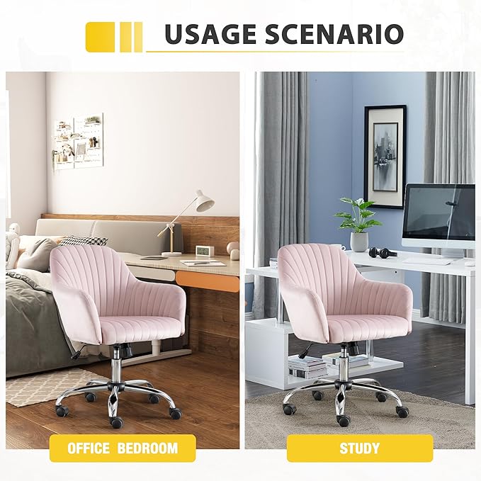 AMNOOL Office Chair Velvet Upholstered Lounge Chair Gaming Chair Makeup Chair Adjustable Height and Adjustable Casters Curved Back for Bedroom Office Study Room (Pink)