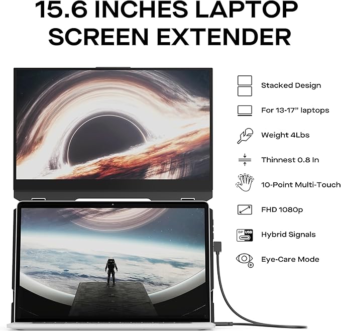 Portable Monitor - Mobile Pixels 15.6 Duex Float Portable Stacked Monitor FHD IPS Touchscreen (Built-in Kickstand) USB C/HDMI Laptop Screen Extender Compatible with Windows/MacOS/ChromeOS/Switch