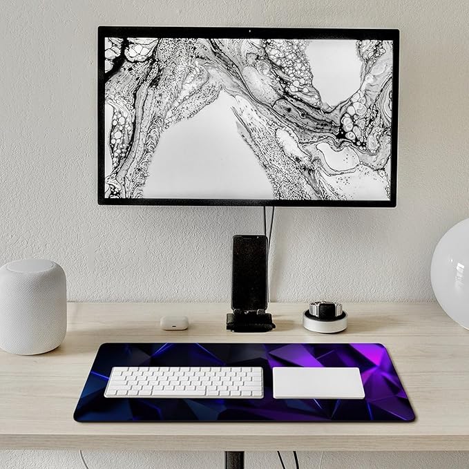 Geometric Neon Blue Purple Gaming Mouse Pad Non-Slip Rubber Base XXL Mousepad with Stitched EdgesWaterproof Washable Mouse Mat for Desk Home Office Gaming 29.5x16
