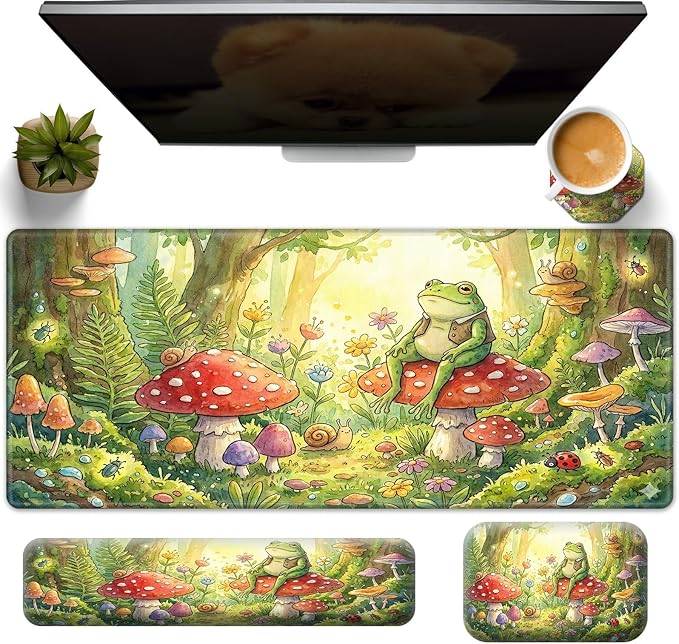 Large Gaming Mouse Pad + Memory Foam Ergonomic Keyboard Wrist Rest Support + Wrist Rest + Coaster Green Desk Decor Mat Stitched Edge Non Slip Desk Mat 4PC for Office &amp Home Cute Frog Kawaii