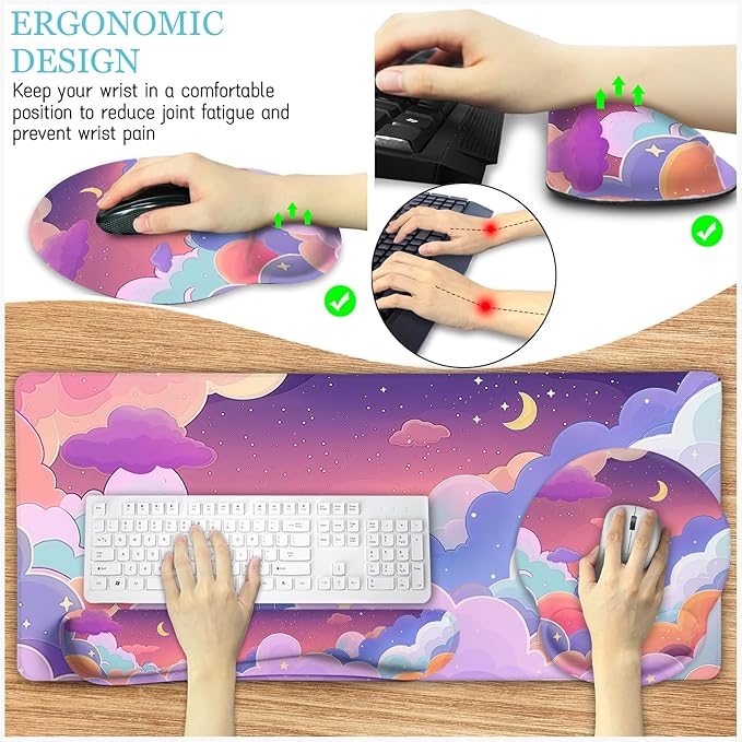 Purple Mouse Pad Large Desk Mat Set Kawaii Clouds Ergonomic Mouse Pad with Wrist Rest Keyboard Wrist Support XXL Mousepad Cup Coaster Set Cute Purple Office Desk Accessories Decor Supplies