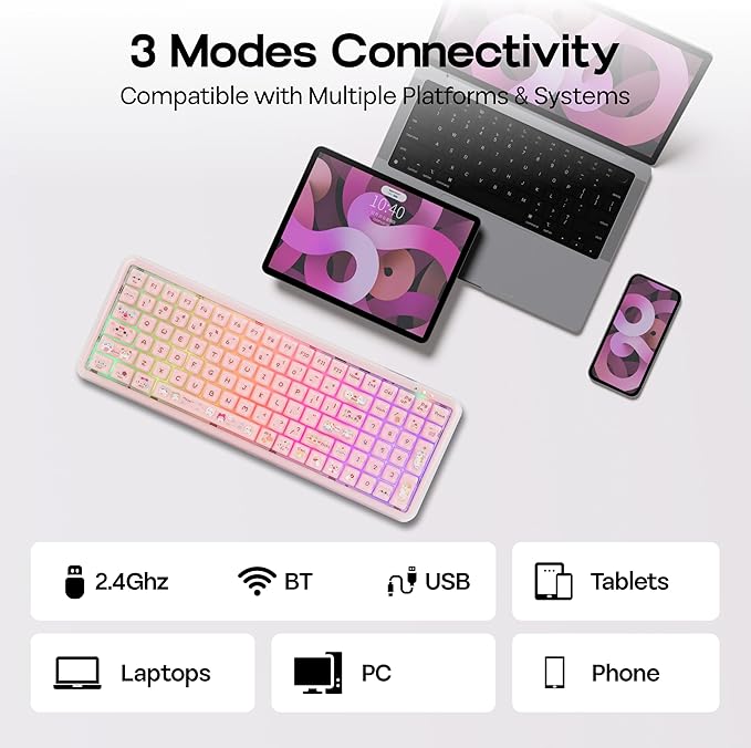 MechLands X Maorbeng X100 PRO Membrane Gaming Keyboard with Number Pad RGB Backlits Wireless Computer Keyboard with 5000mAh Battery BT/2.4G/USB-C Wired 96% Layout for Windows/Mac/PC (Pink)