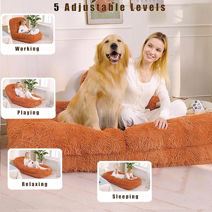 Floor Chair with Back Support Human Dog Bed with 5 Adjustable Position Convertible Lazy Floor Lounger Comfy Gaming Chair Plush Folding Sofa Bed for Adult Living Room Bedroom Orange