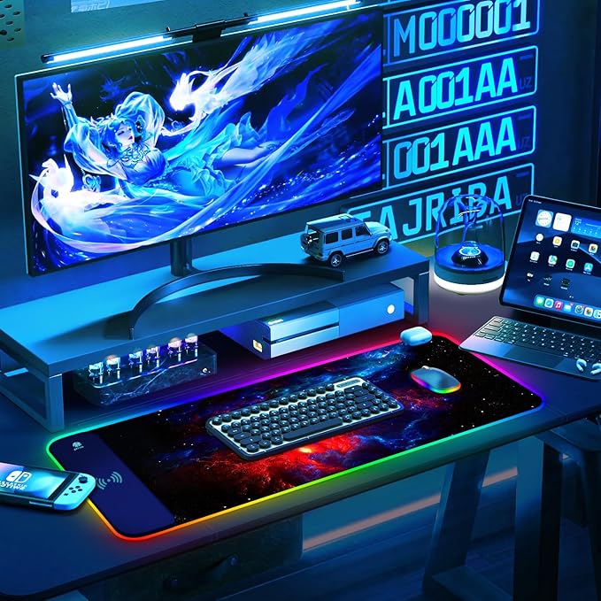 ToLuLu RGB Wireless Charging Gaming Mouse Pad 7.5/10/15W 10 Light Modes LED Mouse Pad Computer Keyboard Mat Mousepad 800x300x4MM Extended Large Desk Pad Desk Mat for Gamer Red Blue Galaxy