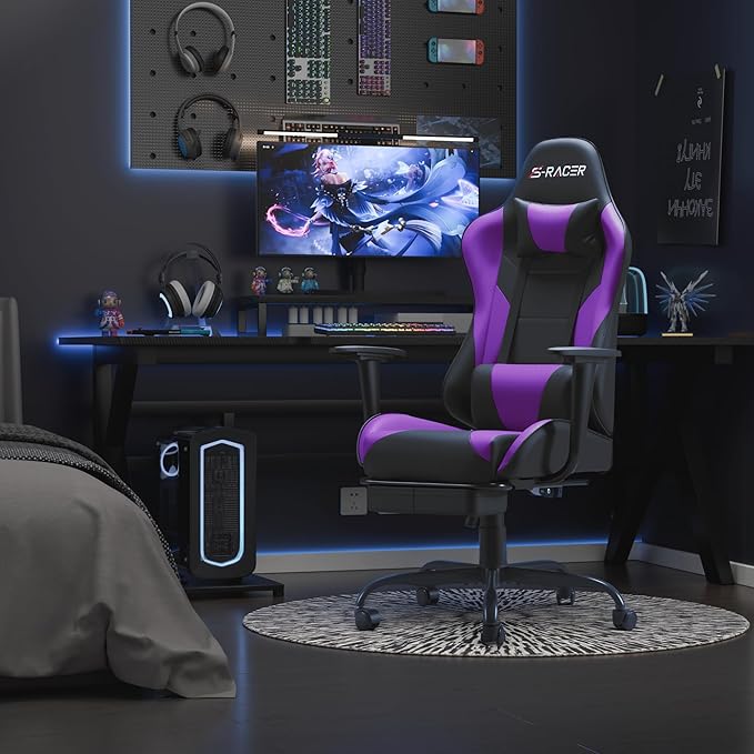 Homall Gaming Chairs Computer Chair with Footrest and Massage Lumbar Support Height Adjustable Game Chair with Headrest and Swivel Seat (Purple)