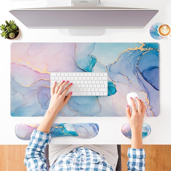 QIYI Leather Desk Mat Set 4-in-1 Large Mouse Pad with Wrist Rest Non-Slip Desk Pad + Keyboard Wrist Rest + Mouse Wrist Support + Coaster Office Desk Accessories Home Decor Supplies Blue Pink Fluid
