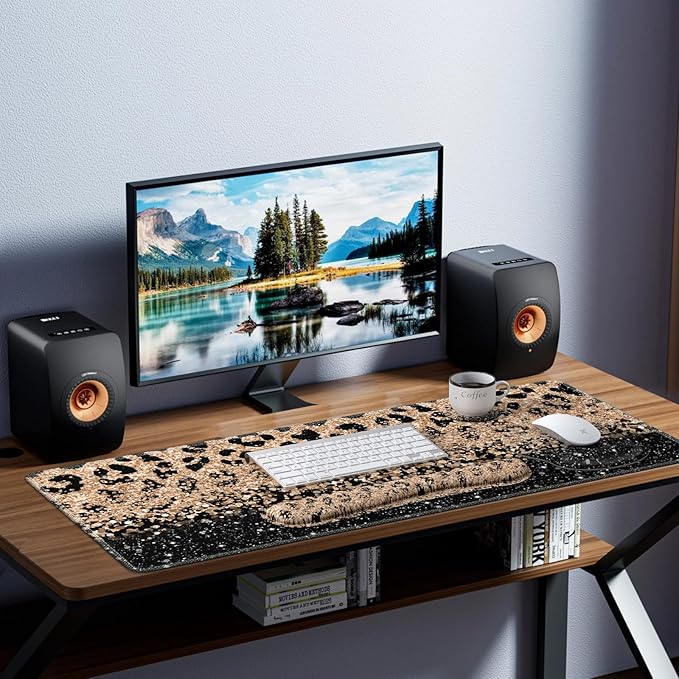 iLeadon Mouse Pad Set Desk Mat + Mouse Pad with Wrist Rest + Keyboard Wrist Rest + Coaster 4in1 Leopard Mouse and Keyboard Pad Set for Home Office Black Gold Leopard
