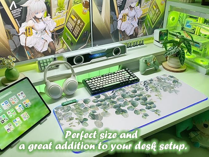 JMIYAV Green RGB Gaming Mouse Pad 31.5x12 Inch PC XL Large Glowing Led Light Up Desk Pad Non-Slip Rubber Base Computer Cute Mousepad Mat Desk Accessories Gaming Setup Spring Willow