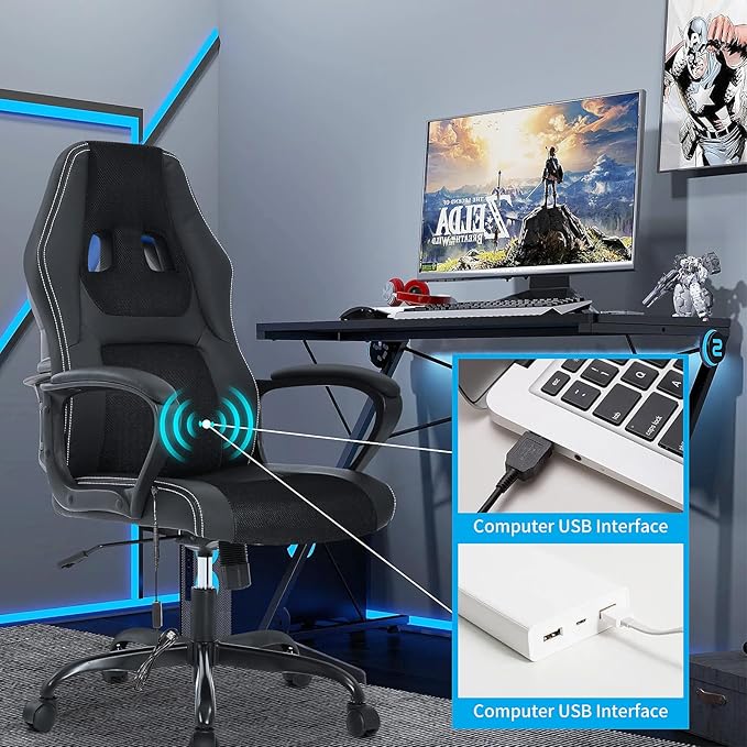 Video Gaming Chair with Massage Function Ergonomic Computer Desk Chairs Home Office Desk Chair with Lumbar Support Adjustable Height Swivel Wheels Black