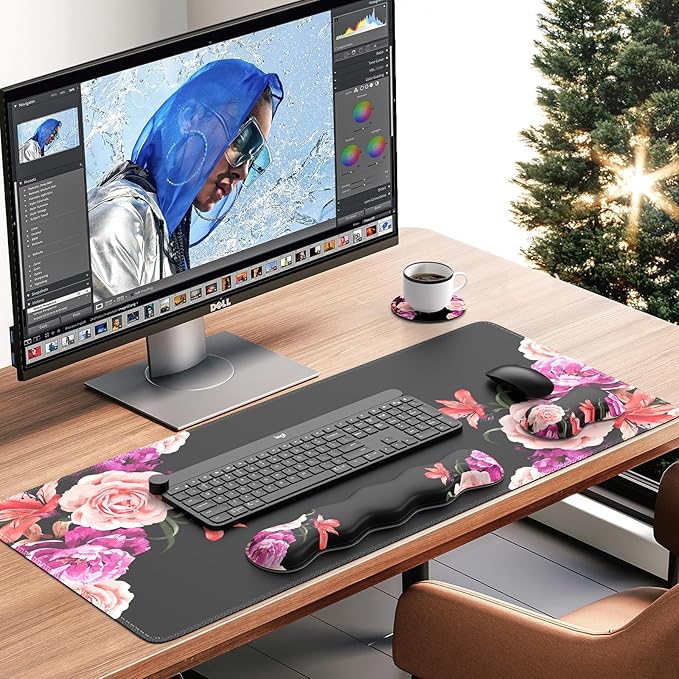 iLeadon Mouse Pad Set Desk Mat + Mouse Pad with Wrist Rest + Keyboard Wrist Rest + Coaster Mouse and Keyboard Pad Set with Stitched Edge &amp Non-Slip Base Desk Pad Mat for Work Gaming Peony Flow