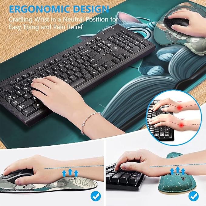 AQQA Mouse Pad SetErgonomic Mouse Pad with Wrist RestComfortable Mousepad with Smooth Wrist Support Surface and Non-Slip PU Base forHome Office Desk Accessories Decor SuppliesCute Cat