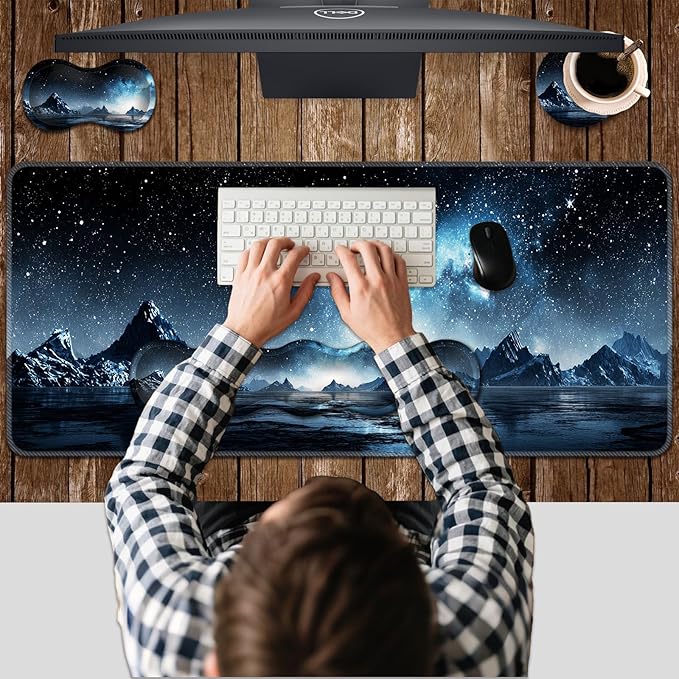 Ergonomic Keyboard Wrist Rest &amp Mouse Pad Wrist Rest SetXL Gaming Desk Mat 31.5x 11.8Non-Slip BaseMemory FoamEasy Typing Pain Relief for Office &amp HomeMountain Lake Galaxy
