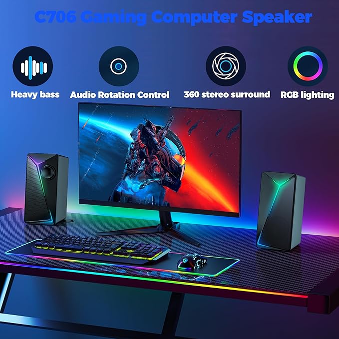 ROSON Computer Speakers Gaming PC Speakers with Enhanced Bass and Volume Control Stereo 2.0 USB Powered 3.5mm Aux Multimedia Speakers for Laptop/Desktop/Tablets/Phone