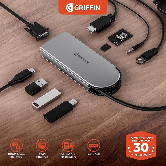Griffin 10-in-1 USB C Hub Multiport Adapter with Ethernet 4K HDMI VGA to Aux 100W USB C Charging Hub SD/TF Card Reader 3 USB-A Ports Powered USB Hub for Laptop and PC