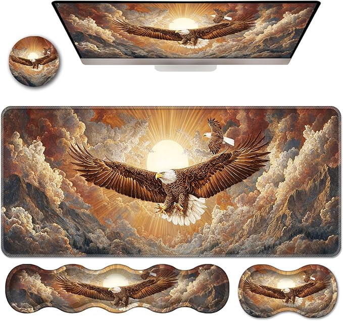 Ergonomic Keyboard Wrist Rest &amp Mouse Pad Wrist Rest SetXL Gaming Desk Mat 31.5x 11.8Non-Slip BaseMemory FoamEasy Typing Pain Relief for Office &amp HomeEagles Soaring at Sunset