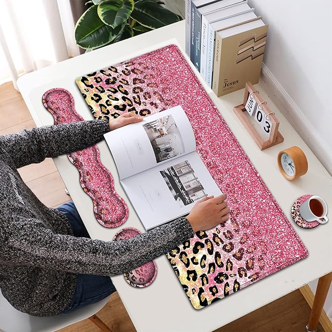 Large Mouse Pad Extended Gaming Mouse Pad 31.5x11.8 Ergonomic Memory Foam Keyboard Wrist Rest Support for Home Laptop Big Office Desk Pad with Non-Slip BasePink Faux Glitter Leopard Desk Mat