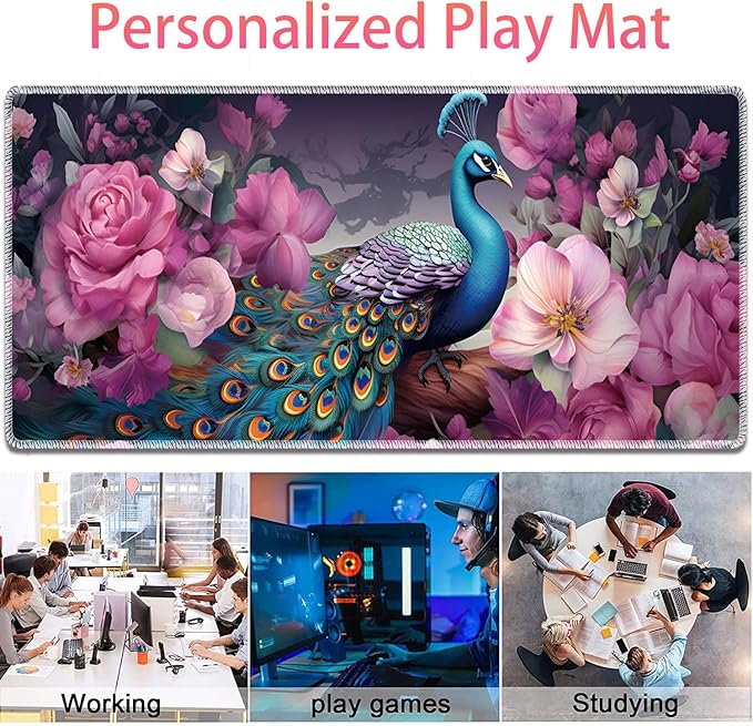 Large Gaming Mouse Pad + Mouse Wrist Rest Pad + Coaster Combination 31.5 x 11.8 Durable Non-Slip Extension Table Mat Suitable for Office and Home Peacock and Flowers