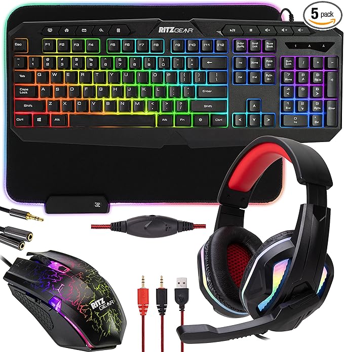 Ritz Gear RGB Gaming Accessories Kit | 4-in-1 Rainbow LED Backlight Bundle PC Combo with Multimedia Keyboard Optical Mouse Mouse Pad &amp Headset w/Adapter | for Windows 7+ Desktop Laptop Xbox &a