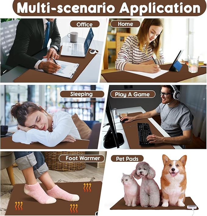 Konohan Heated Desk Pad Warm Mouse Pad 5 Heating Level &amp 4 Hour Auto Shut-Off PU Leather Warm Mouse Mat Heating Keyboard Gaming Mice Warmer Mat Only Supports 110v(Brown Color31.5 X 13)