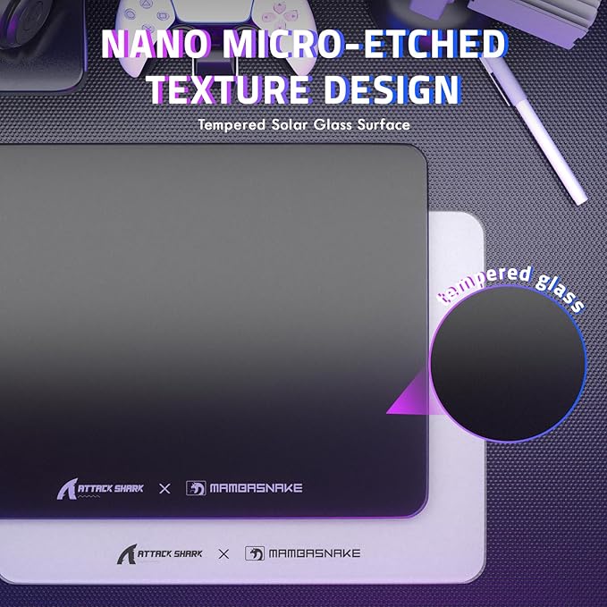 Attack Shark CM05SE Glass Gaming MousepadNano-Micro-Etched TextureSmooth Glass SurfaceHigh AccuracyFast-MovingAnti-Scratch PU Leather Super Non-Slip BaseSmall Size(410×310mm)Black