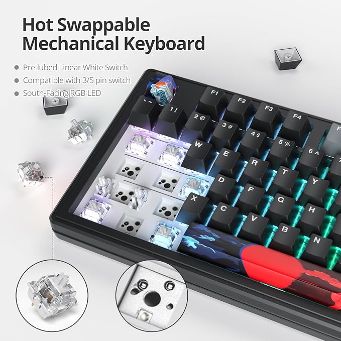 Owpkeenthy 75% Gasket Mounted Mechanical Gaming Keyboard Hot Swappable Wired 87 Keys South-Facing RGB Keyboard with Quiet Linear White Switch Cherry Keycaps for Win mac (Black)