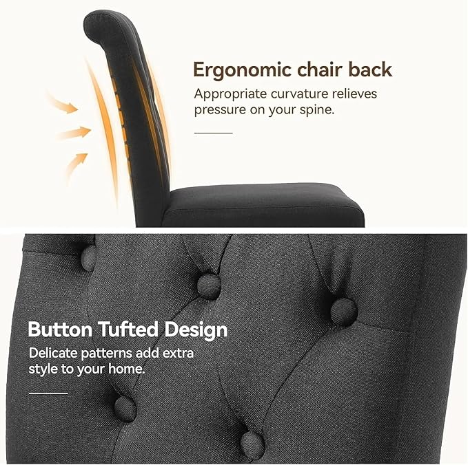 Adjustable Office Computer Chair with Armrest 2pcs Black Fabric Upholstered Dining Chairs with Button Tufted Backrest and Solid Wood Legs